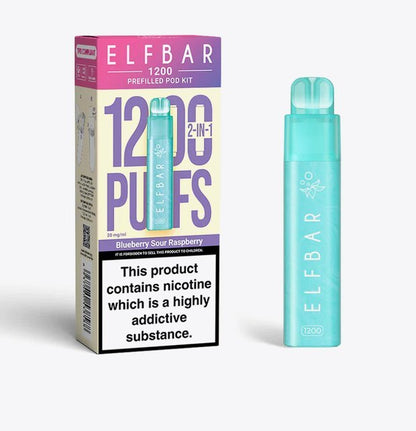 2 in 1 Elfbar 1200 Puffs Prefilled Pod Kit - Box of 5 available in Blueberry Sour Raspberry Flavour at UK Vaper Wholesale