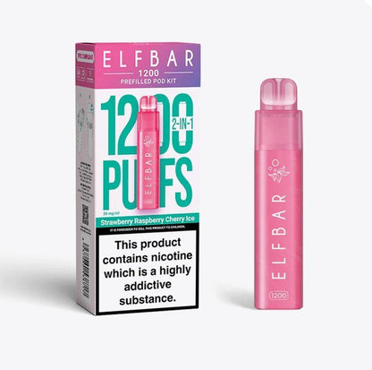 2 in 1 Elfbar 1200 Puffs Prefilled Pod Kit - Box of 5 available in Strawberry Raspberry Cherry Ice Flavour at UK Vaper Wholesale