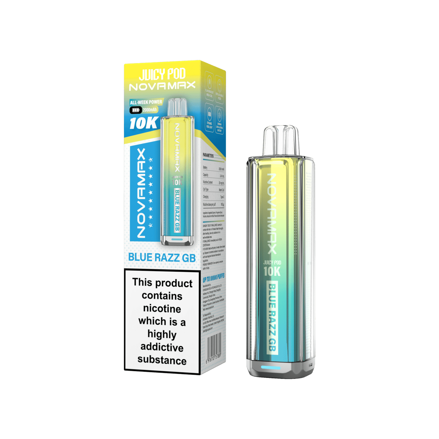 Juicy Pod Novamax 10k Prefilled Pod Vape Kit - Pack of 5 available in Blue Razz GB Flavour at UK Vaper Wholesale