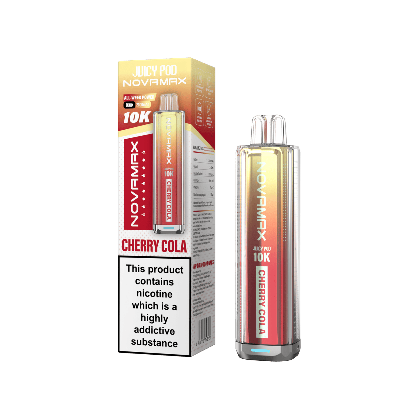 Juicy Pod Novamax 10k Prefilled Pod Vape Kit - Pack of 5 available in Cherry Cola Flavour at UK Vaper Wholesale