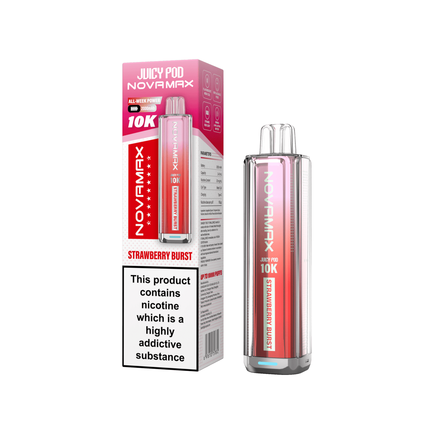 Juicy Pod Novamax 10k Prefilled Pod Vape Kit - Pack of 5 available in Strawberry Burst Flavour at UK Vaper Wholesale