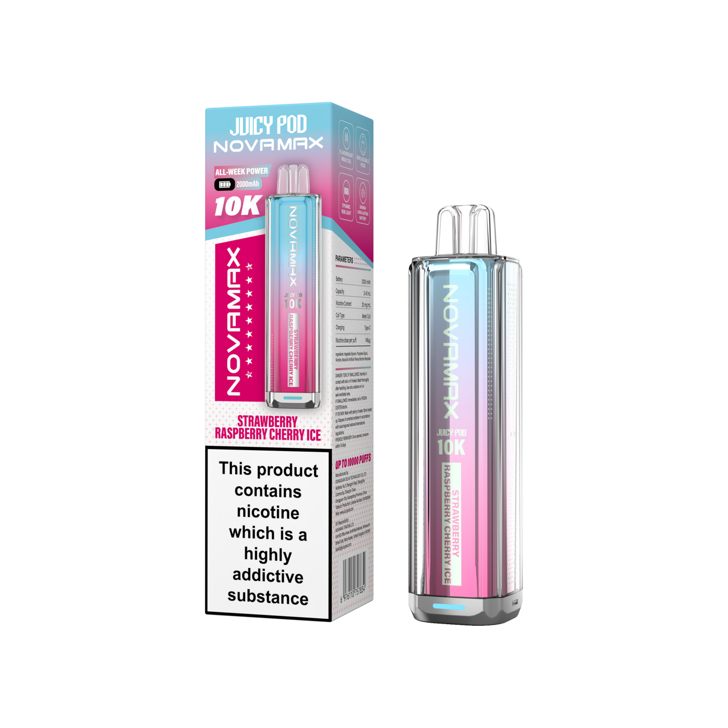 Juicy Pod Novamax 10k Prefilled Pod Vape Kit - Pack of 5 available in Strawberry Raspberry Cherry Ice Flavour at UK Vaper Wholesale