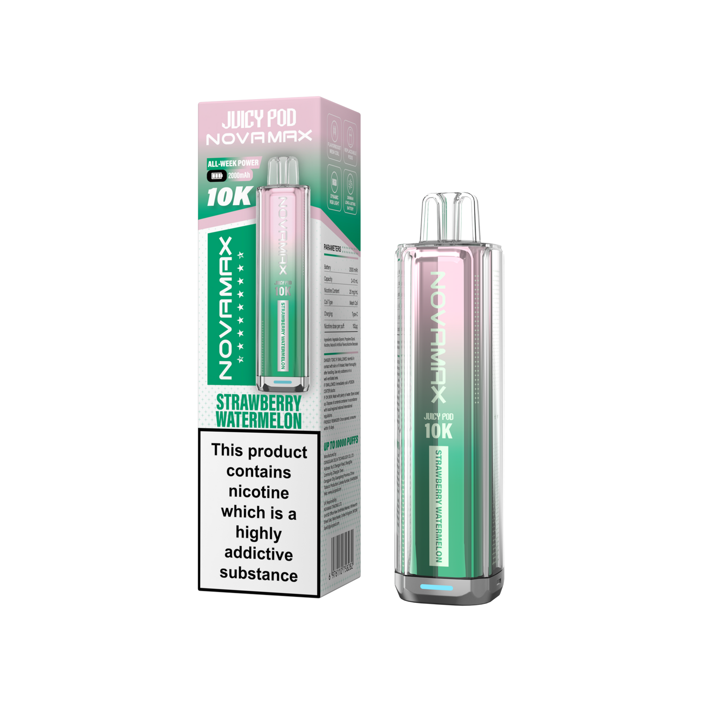 Juicy Pod Novamax 10k Prefilled Pod Vape Kit - Pack of 5 available in Strawberry Watermelon Flavour at UK Vaper Wholesale