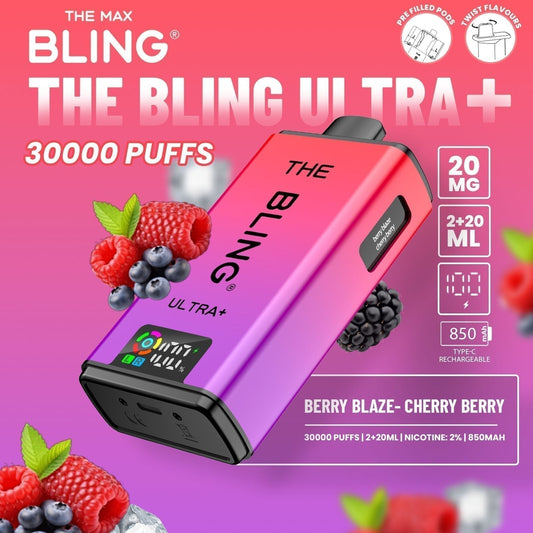 The Bling Ultra Plus 30k Prefilled Vape Pod Kit Box of 5 available in Berry Blaze - Cherry Berry Flavour at UK Vaper Wholesale